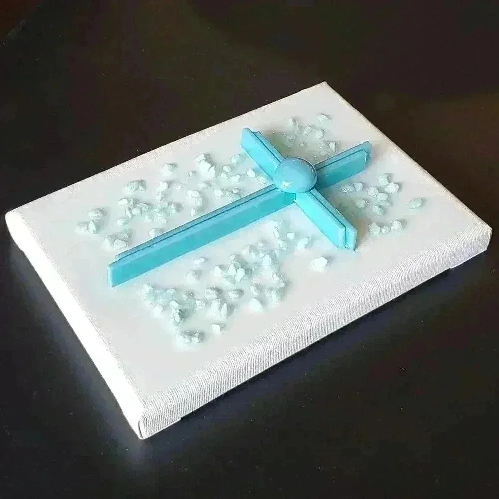Turquoise Stained Glass Cross and Crushed Glass Resin Art on Canvas